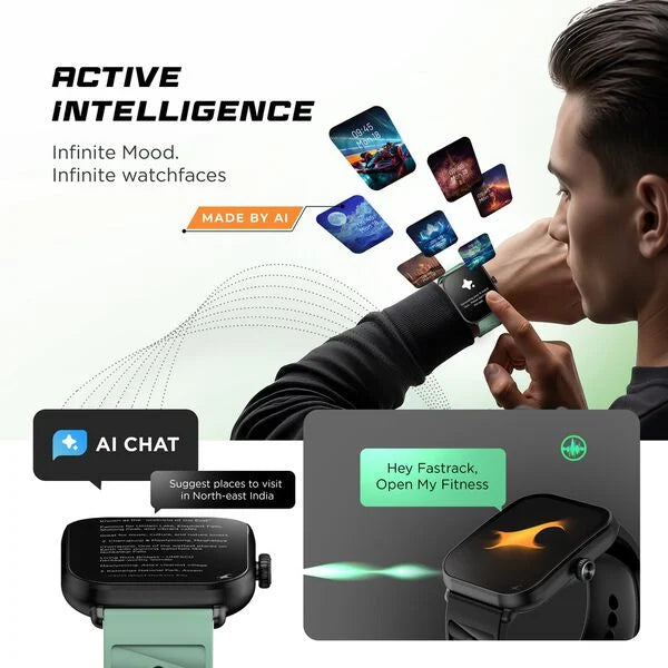 Fastrack MYND - 4.9 cm AMOLED Display, Offline Voice Commands, AI Watchface, AI Chat, BT Calling IP68 Smartwatch 38184pp03k - KRISHNA WATCH COMPANY