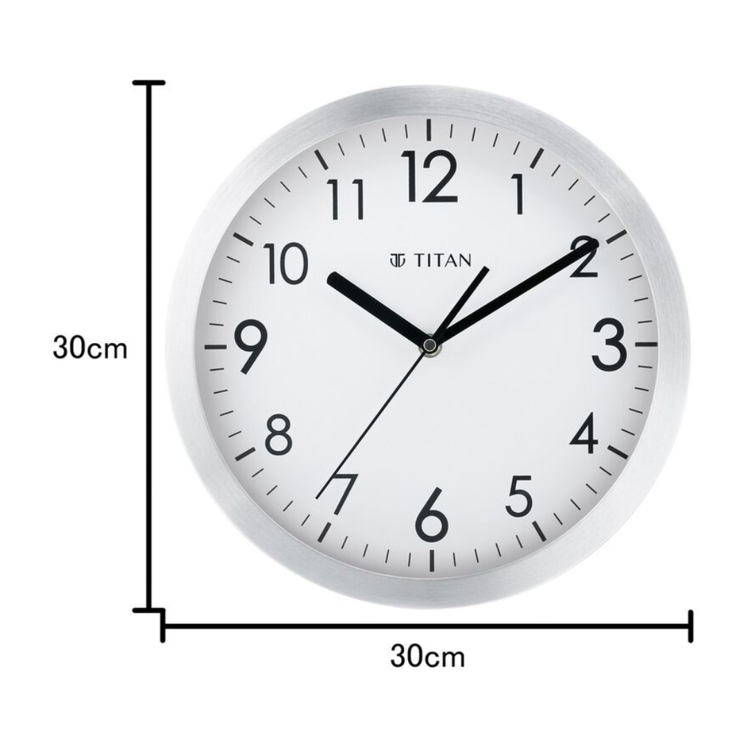 Titan Metallic Silver Wall Clock with Brushed Case - 30 cm x 30 cm (Medium) - NCW0006MA01A - KRISHNA WATCH COMPANY