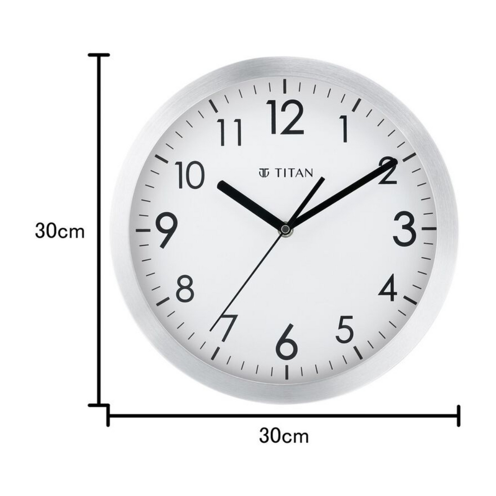 Titan Metallic Silver Wall Clock with Brushed Case - 30 cm x 30 cm (Medium) - NCW0006MA01A - KRISHNA WATCH COMPANY