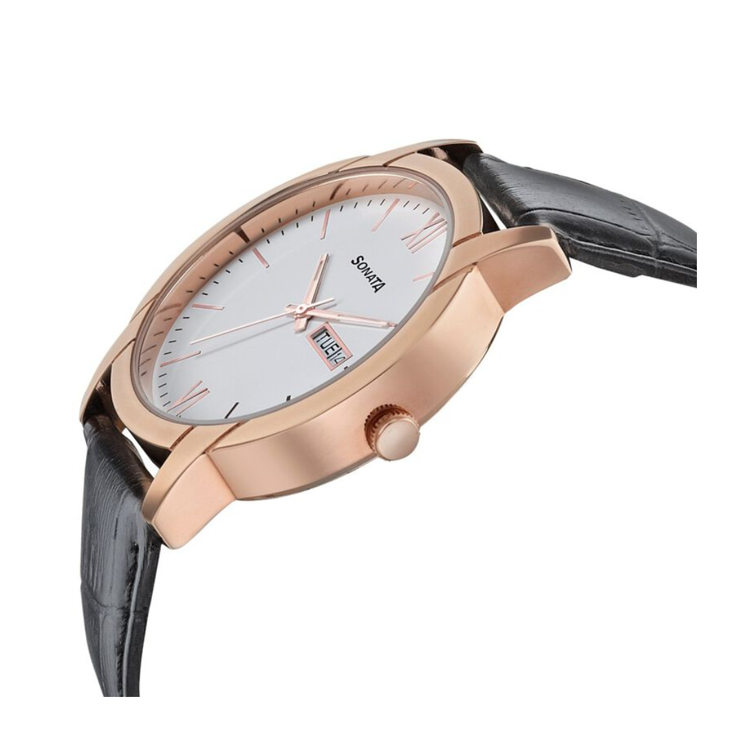 Beyond Gold White Dial Leather Strap Watch NN77031WL04 - KRISHNA WATCH COMPANY