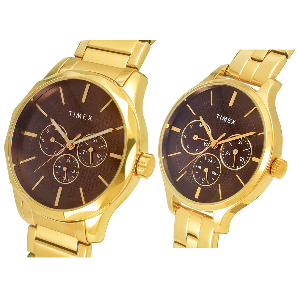 Timex Fashion Collection Premium Quality Multifunction Pair's Analog Brown Dial Coloured Quartz Watch, Round Dial With 44 Mm Case Width - TW00PR297 - KRISHNA WATCH COMPANY