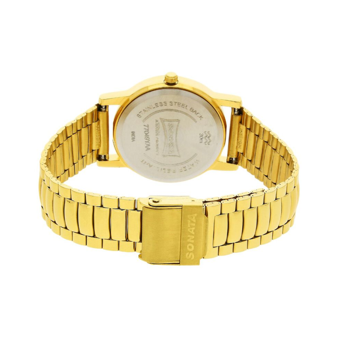 Sonata Black Dial Golden Stainless Steel Strap Watch NR77049YM02 - KRISHNA WATCH COMPANY