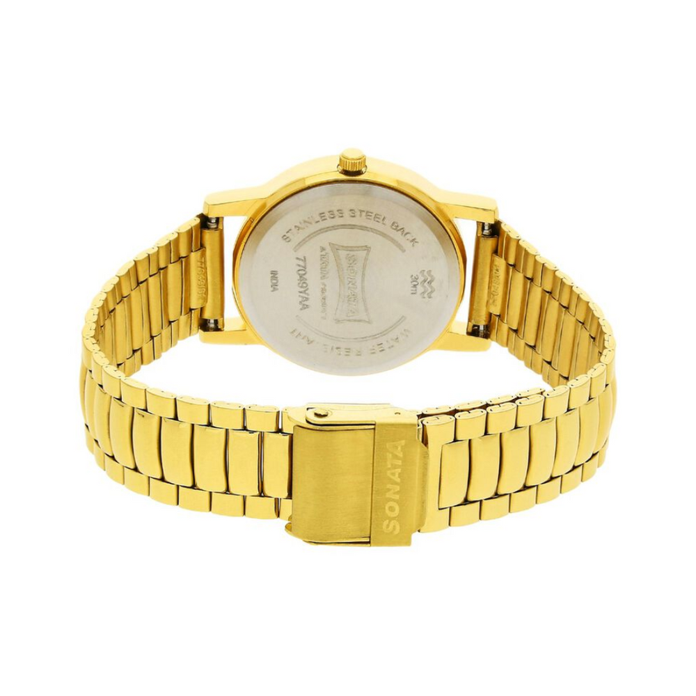 Sonata Black Dial Golden Stainless Steel Strap Watch NR77049YM02 - KRISHNA WATCH COMPANY