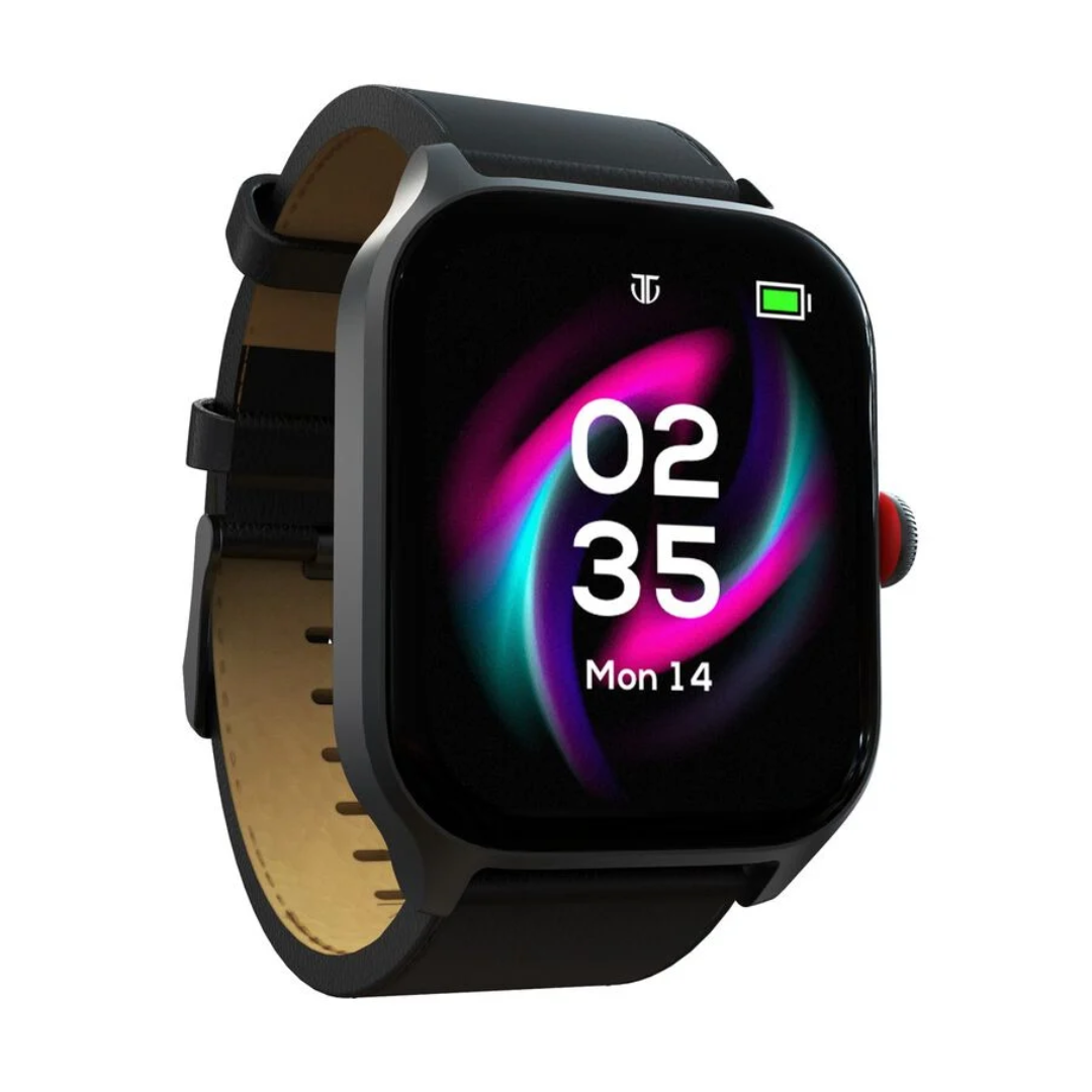 Titan Zeal with 4.69 cm AMOLED Display with AOD, Functional Crown, BT Calling, Smartwatch with Black Leather Strap 90196AL01 - KRISHNA WATCH COMPANY