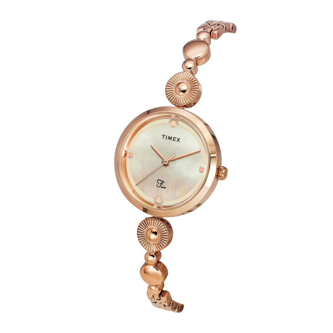 Timex Fria Women's Off White Dial Round Analog Brass Dial Watch TWEL18201 - KRISHNA WATCH COMPANY