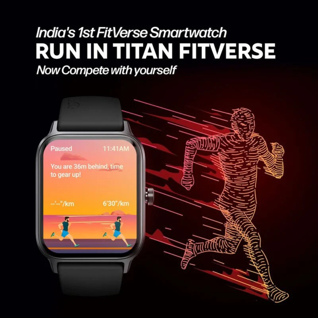 Titan Traveller with 4.52 cm AMOLED Display, BT Calling, India's First FitVerse Smartwatch with Blue Leather Strap 90166AP02 - KRISHNA WATCH COMPANY
