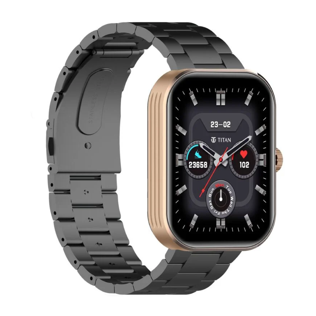 Titan Mirage with 4.97 cm AMOLED Display and AOD, Functional Crown, BT Calling Smartwatch with Black Metal Strap 90184AM02 - KRISHNA WATCH COMPANY
