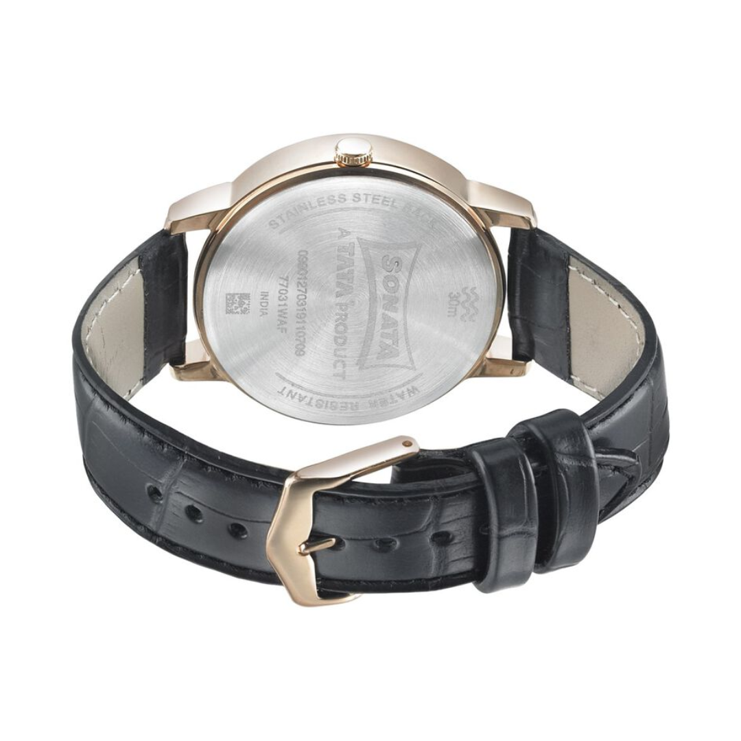 Sonata Beyond Gold Black Dial Leather Strap Watch 77031WL05 (SDJ658) - KRISHNA WATCH COMPANY