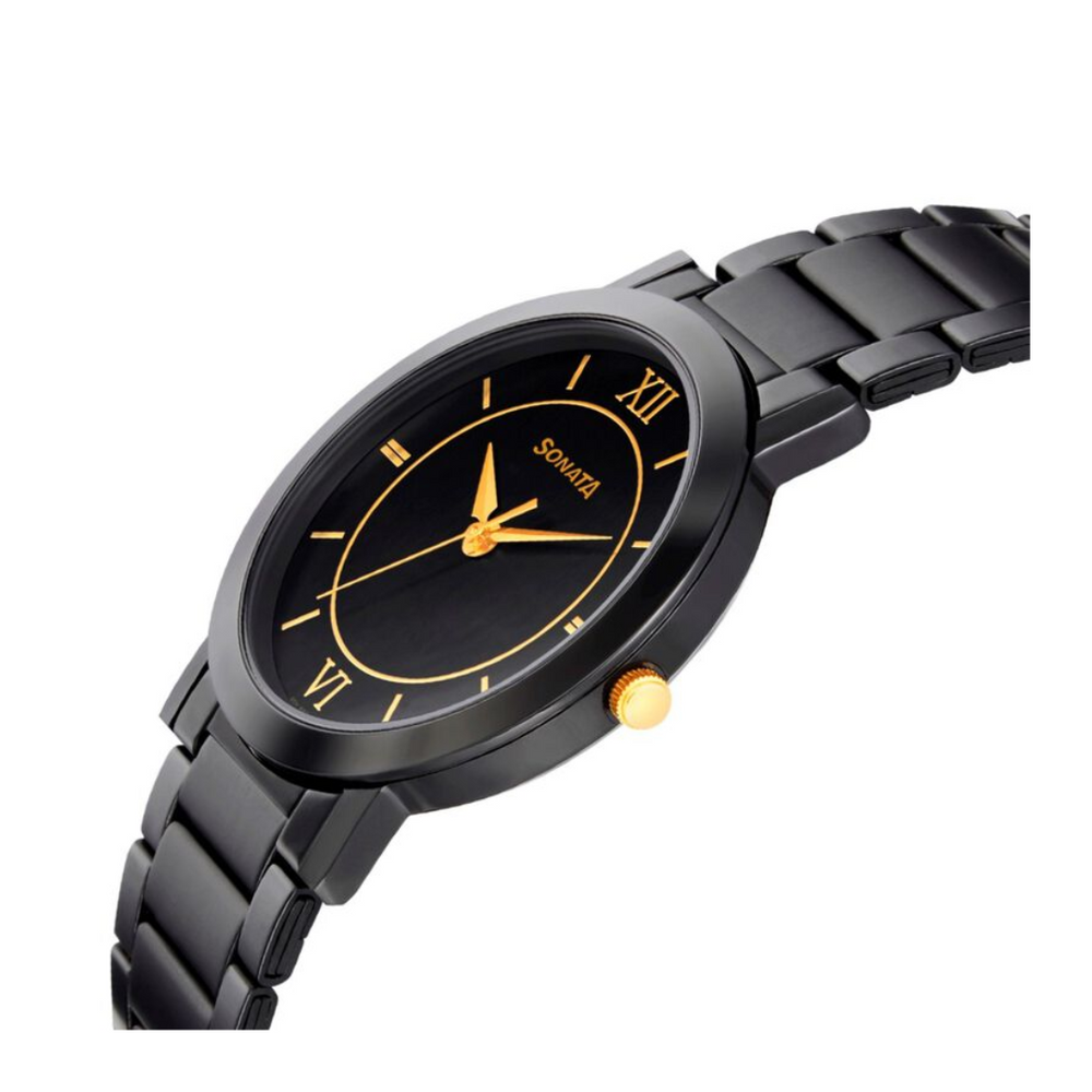 Sonata Beyond Gold Black Dial Metal Strap Watch - 77108KM01W - KRISHNA WATCH COMPANY