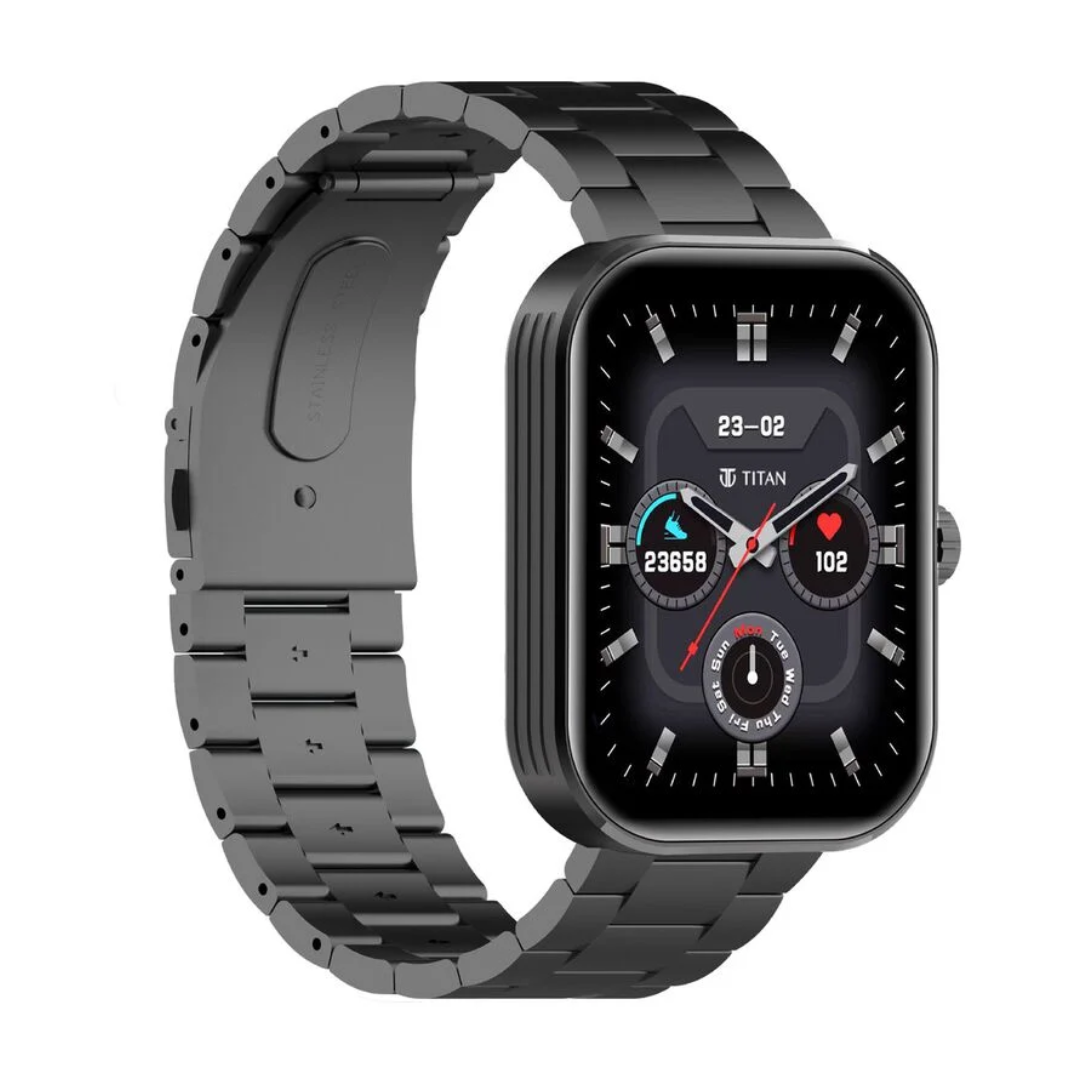 Titan Mirage with 4.97 cm AMOLED Display and AOD, Functional Crown, BT Calling Smartwatch with Black Metal Strap 90184AM01 - KRISHNA WATCH COMPANY