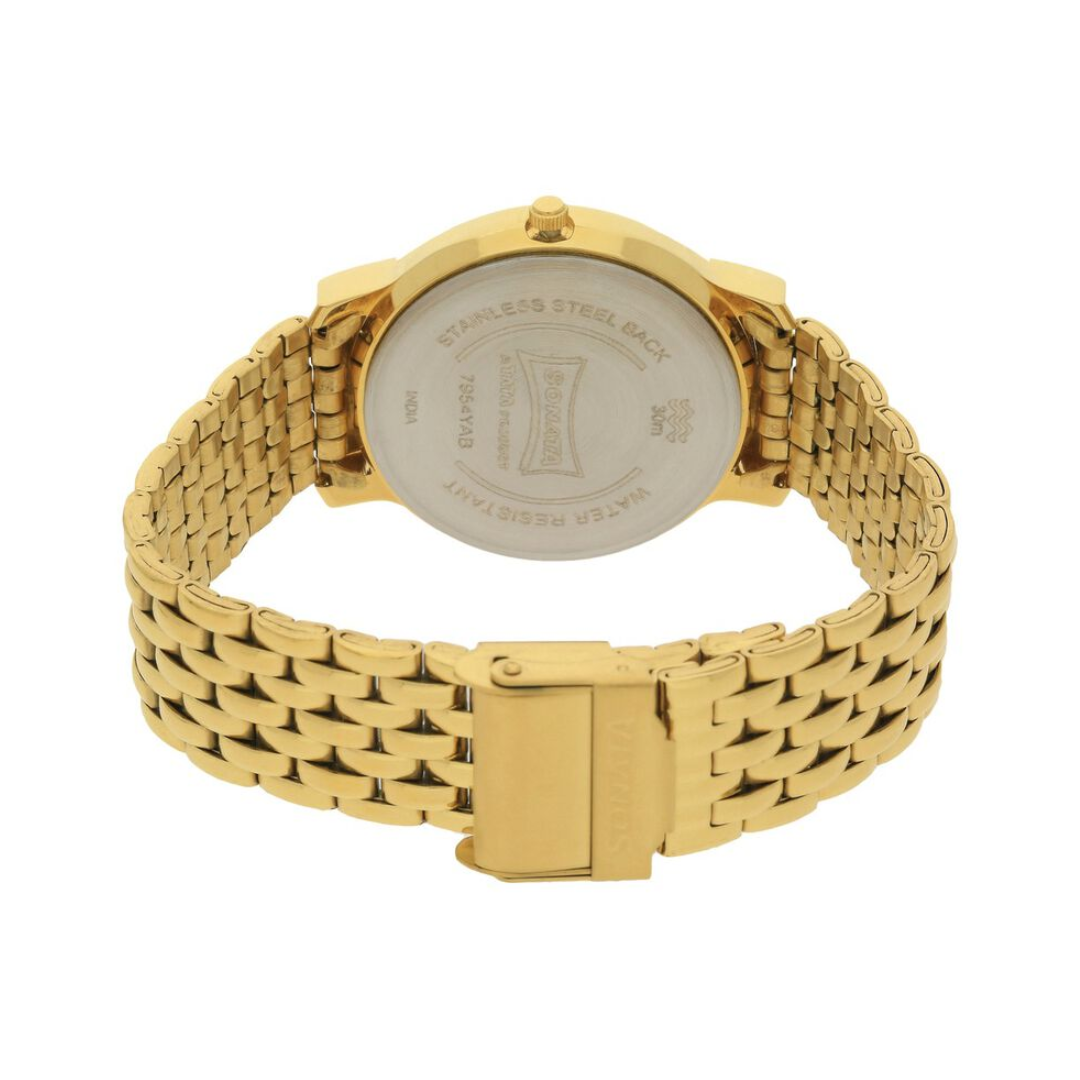 Sonata Champagne Dial Golden Metal Strap Watch - 7954YM02W - KRISHNA WATCH COMPANY