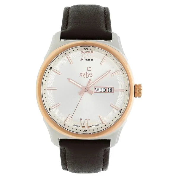 Xylys Swiss Analog with Day Date Brown Leather Strap Silver Dial Watch For Men 40023kl01e - KRISHNA WATCH COMPANY
