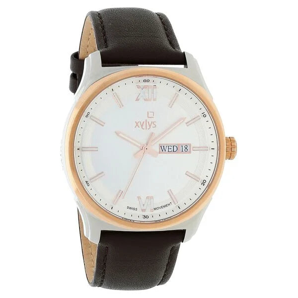 Xylys Swiss Analog with Day Date Brown Leather Strap Silver Dial Watch For Men 40023kl01e - KRISHNA WATCH COMPANY
