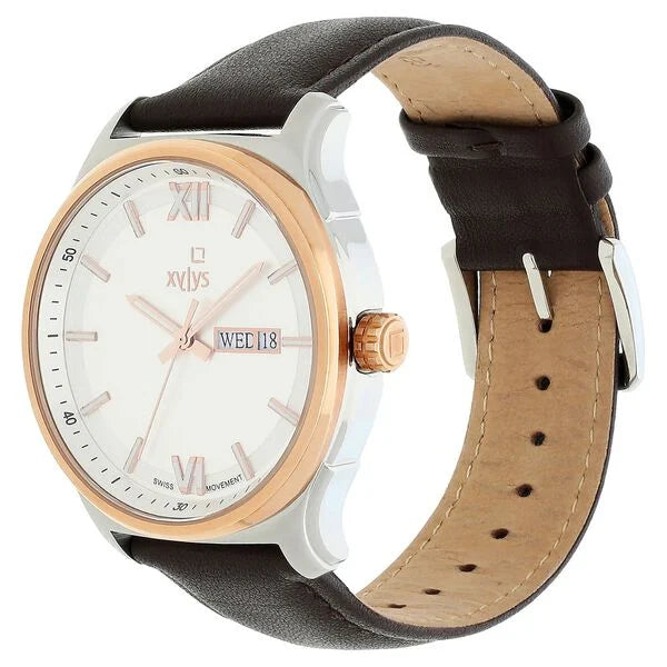 Xylys Swiss Analog with Day Date Brown Leather Strap Silver Dial Watch For Men 40023kl01e - KRISHNA WATCH COMPANY