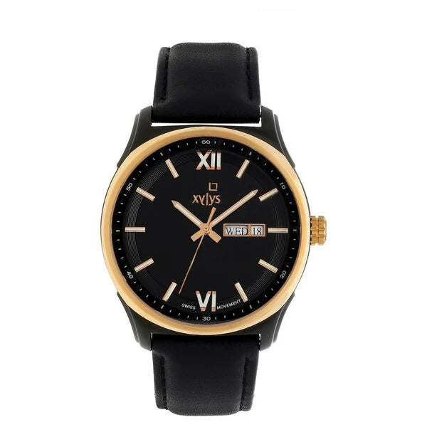 Xylys Swiss Analog with Day Date Black Leather Strap Black Dial Watch For Men 40023kl02e