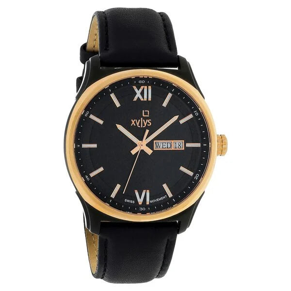 Xylys Swiss Analog with Day Date Black Leather Strap Black Dial Watch For Men 40023kl02e - KRISHNA WATCH COMPANY