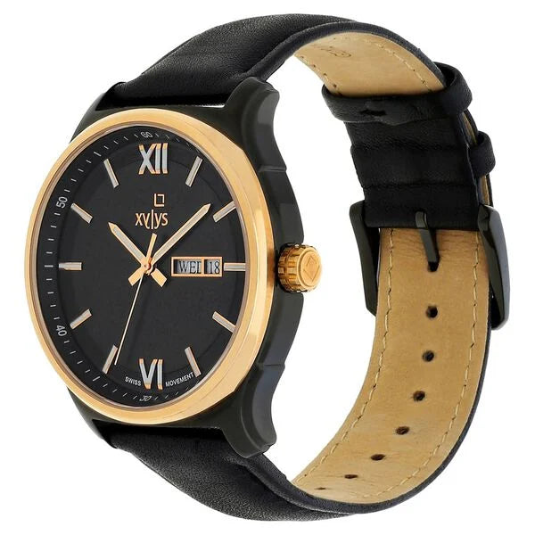 Xylys Swiss Analog with Day Date Black Leather Strap Black Dial Watch For Men 40023kl02e - KRISHNA WATCH COMPANY