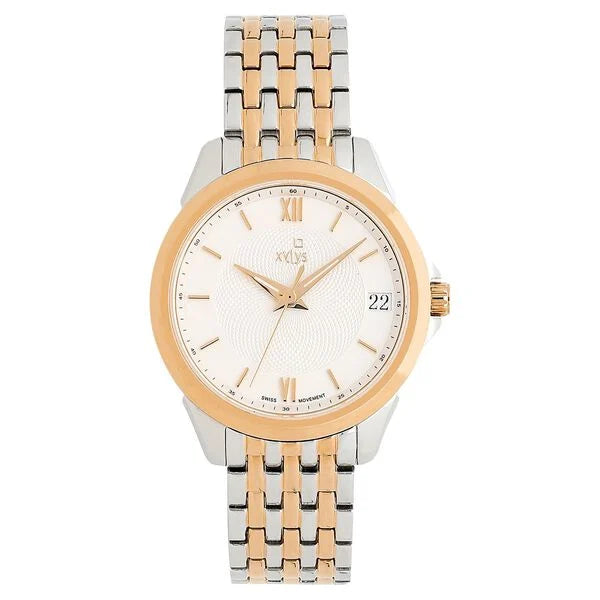 Xylys Swiss Analog with Date Two Toned Stainless Steel Strap White Dial Watch for Women 45012km01e