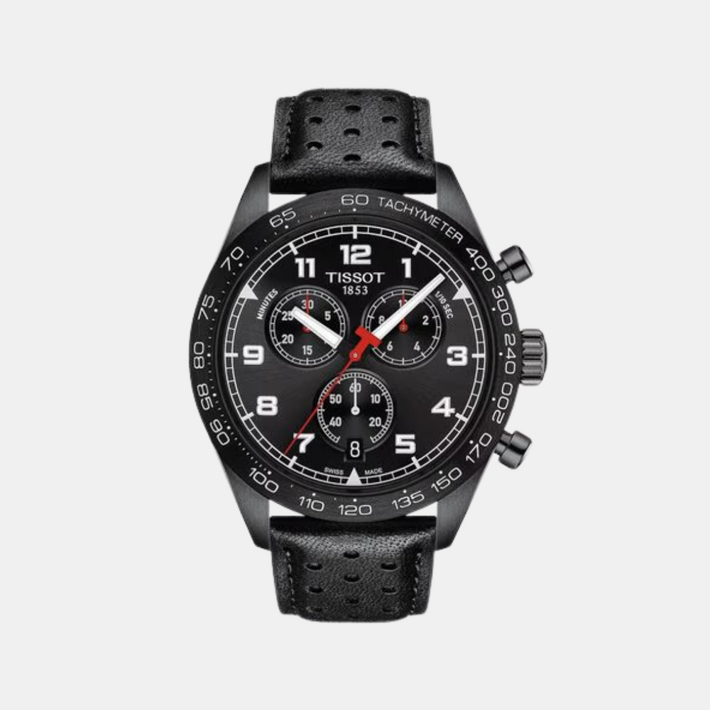 A TISSOT PRS 516 CHRONOGRAPH watch with a black band and black dial, featuring a perforated design on the bracelet and red accents on the watch hands.