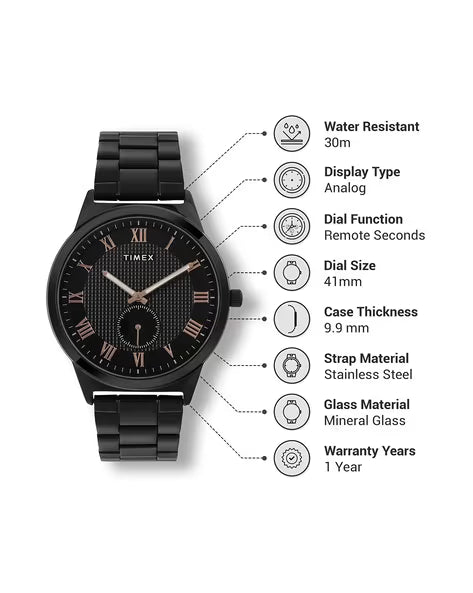 Timex Men Black Round Analog Brass Dial Watch- TWTG10009 - KRISHNA WATCH COMPANY