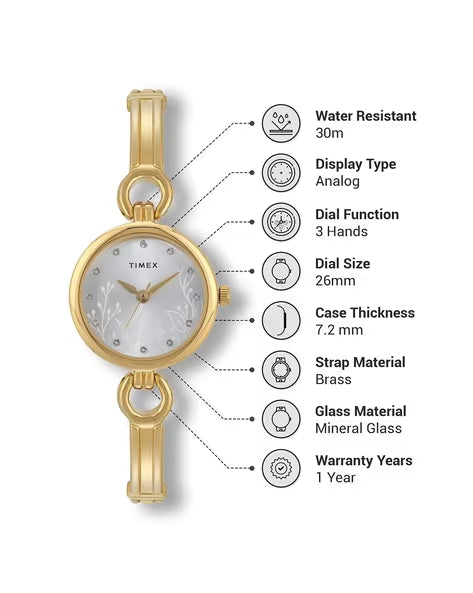 Timex Women White Round Analog Brass Dial Watch- TWEL11435