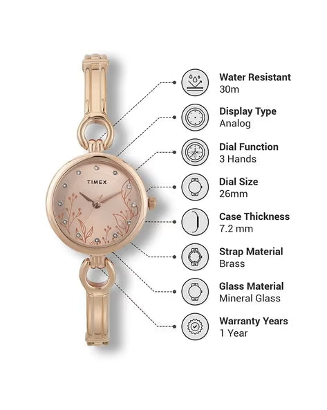 Timex Women Rose Gold Round Analog Brass Dial Watch - TWEL11436 - KRISHNA WATCH COMPANY