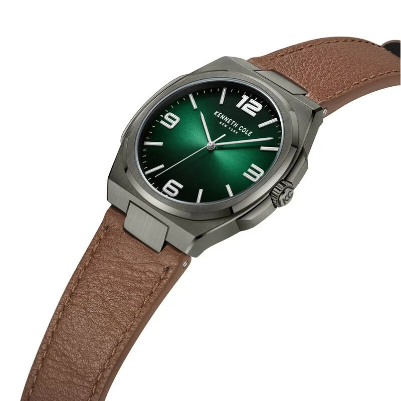Kenneth Cole Quartz Analog Green Dial Brown Leather Strap Watch for Men - KCWGA0015202MN - KRISHNA WATCH COMPANY