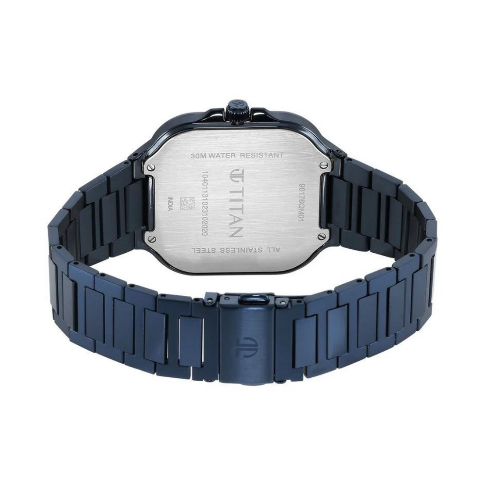 Titan Classique Slim Square Quartz Analog with Date Blue Dial Stainless Steel Strap Watch for Men 90176QM01 - KRISHNA WATCH COMPANY