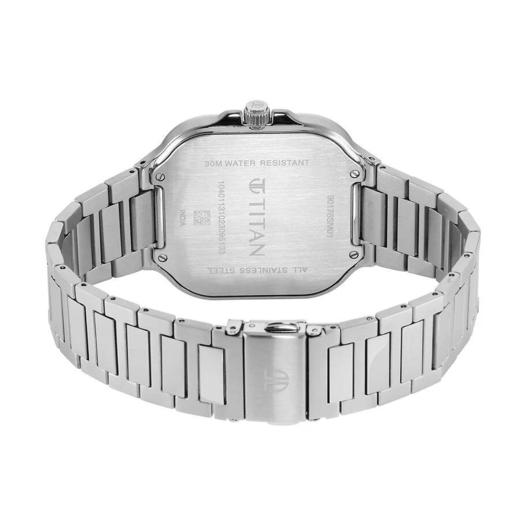 Titan Classique Slim Square Quartz Analog with Date Blue Dial Stainless Steel Strap Watch for Men 90176SM01 (DP928)