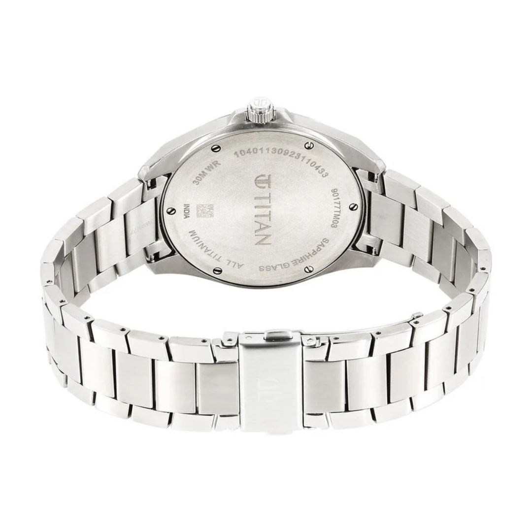 Titan Titanium Quartz Analog Black Dial Stainless Steel Strap Watch for Men 90177TM03 - KRISHNA WATCH COMPANY