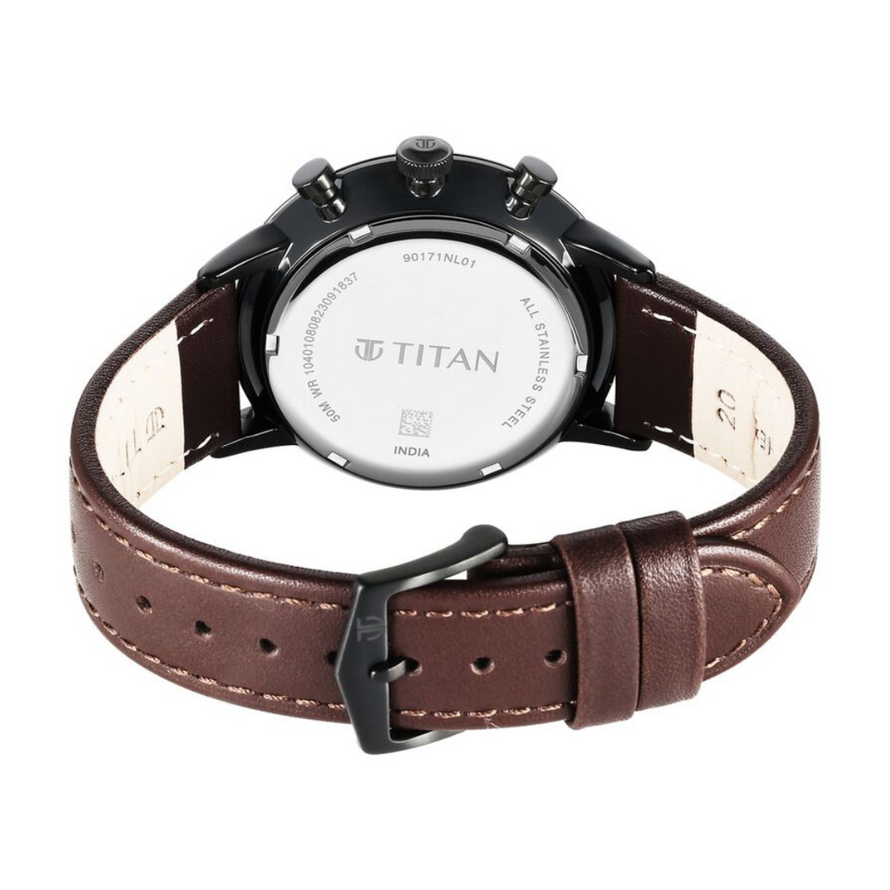 Titan Light Leathers Quartz Multifunction Black Dial Leather Strap Watch for Men 90171NL01 - KRISHNA WATCH COMPANY