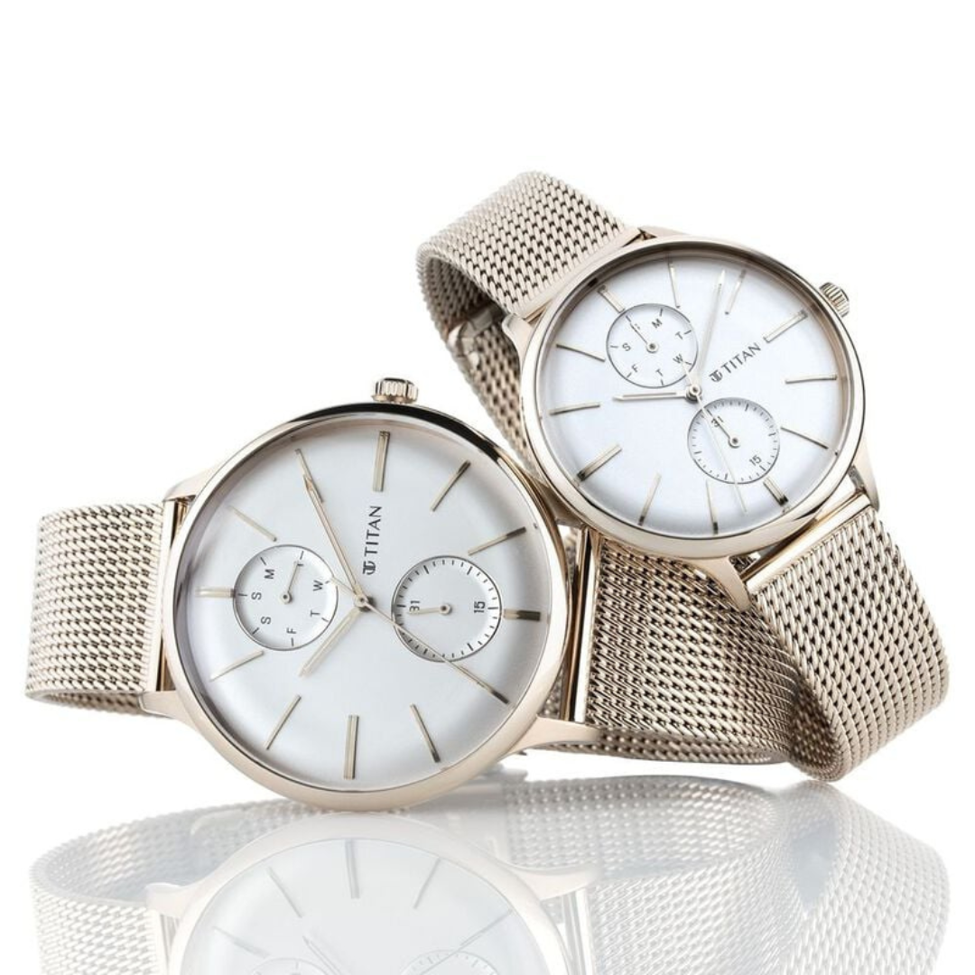 Titan Quartz Multifunction White Dial Watch for Couple - 9400394203WM01 - KRISHNA WATCH COMPANY