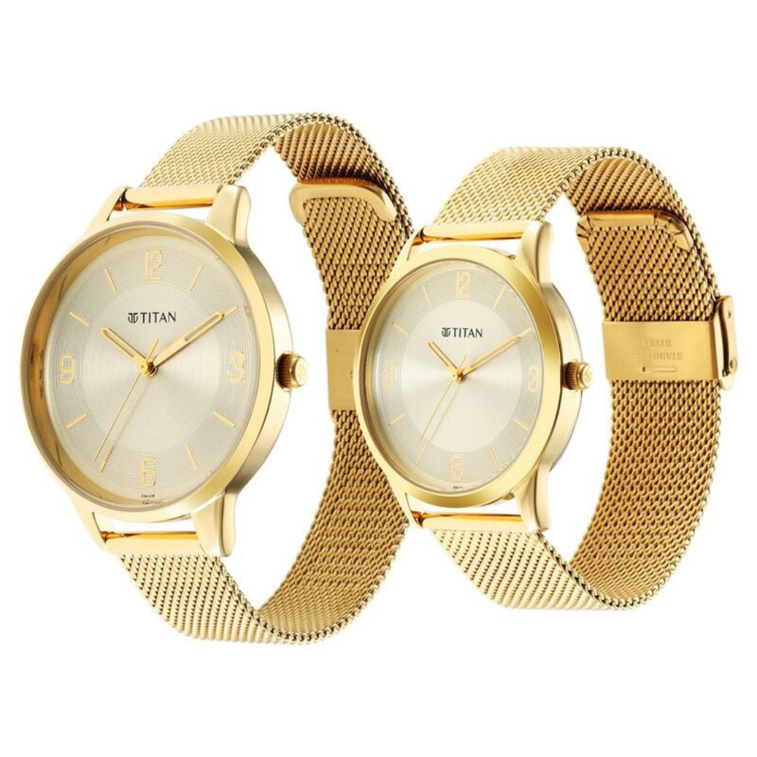 Titan Bandhan Champagne Dial Analog Stainless Steel Strap watch for Couple 18062648YM01 - KRISHNA WATCH COMPANY