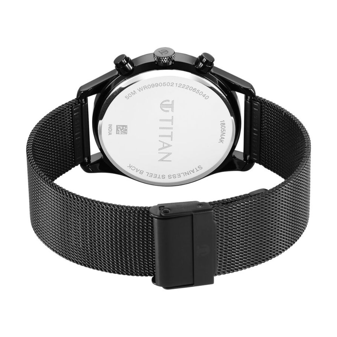 Titan Neo Black & Gold Quartz Analog with Day and Date Black Dial Stainless Steel Strap Watch for Men 1805NM05