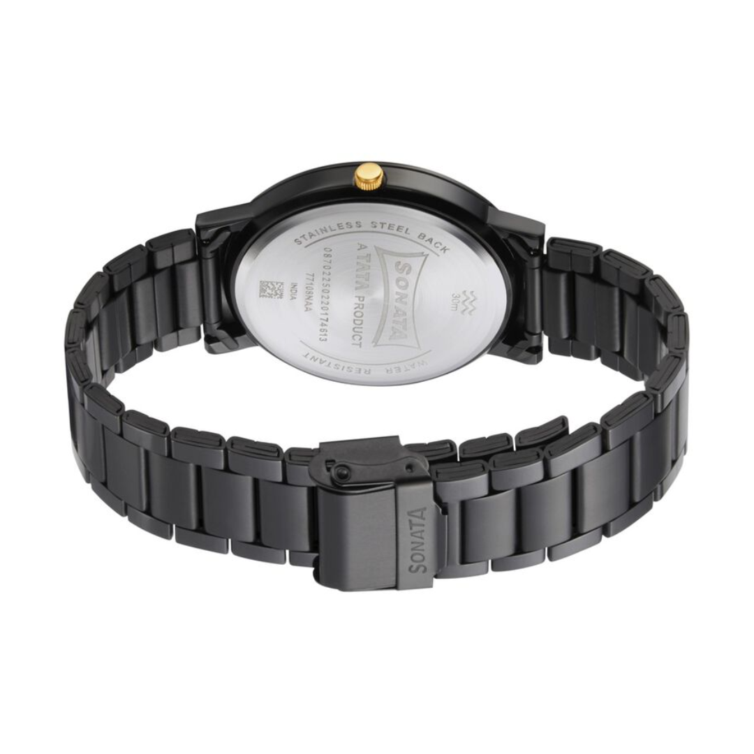 Sonata Beyond Gold Black Dial Metal Strap Watch - 77108KM01W - KRISHNA WATCH COMPANY