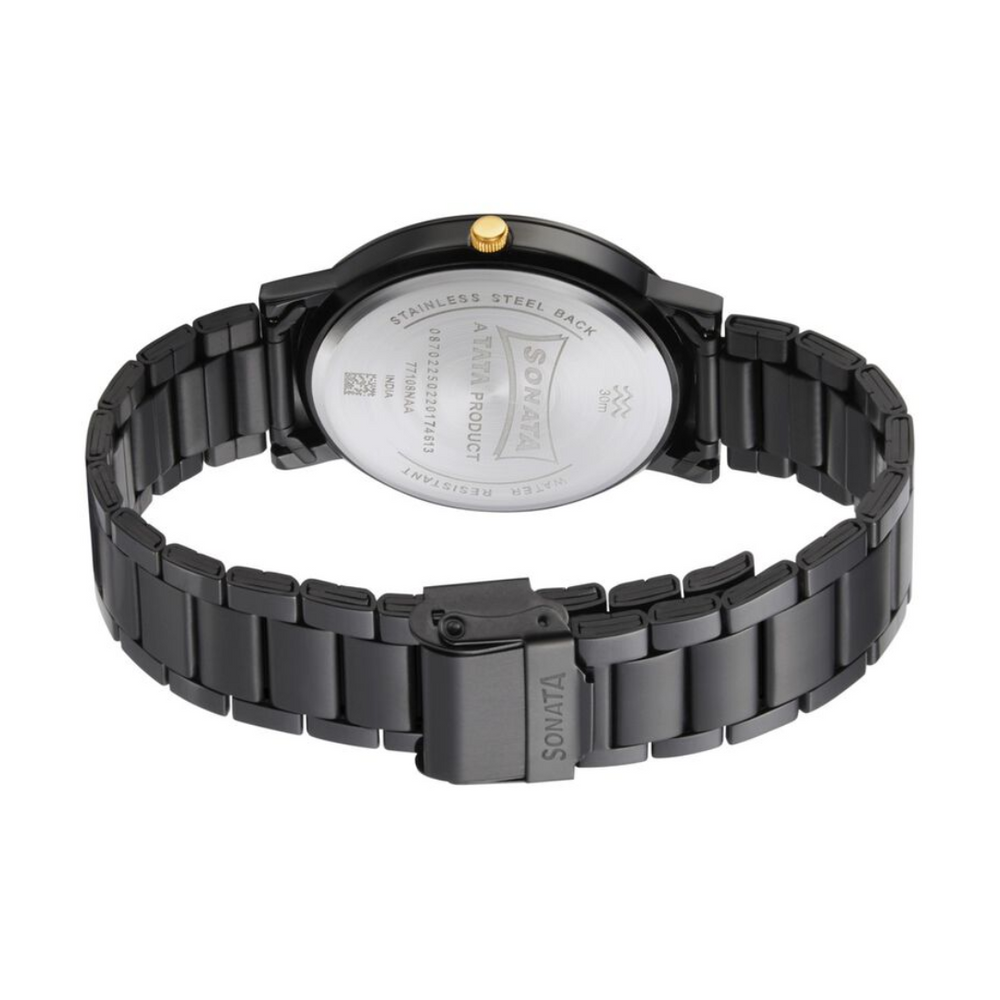 Sonata Beyond Gold Black Dial Metal Strap Watch - 77108KM01W - KRISHNA WATCH COMPANY