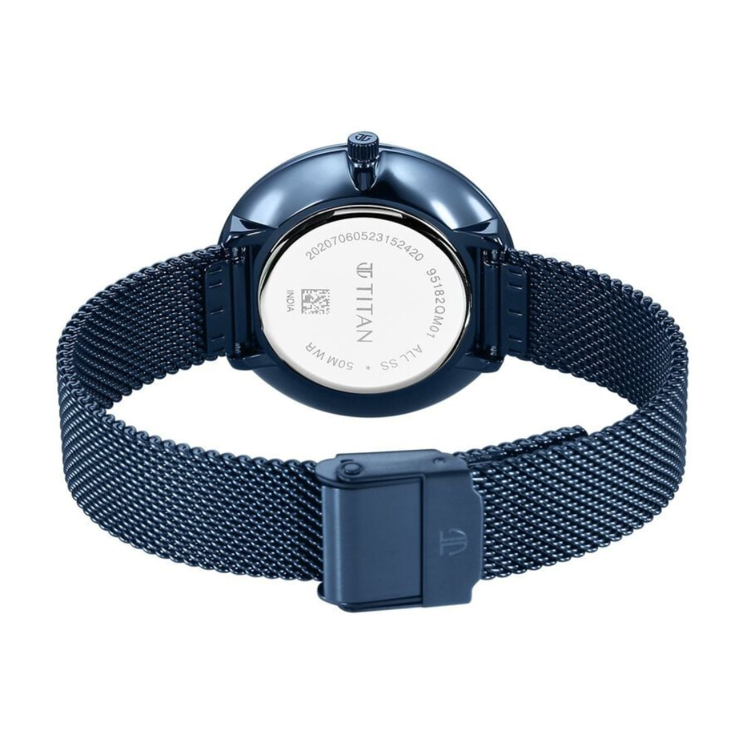 Titan Slimline Quartz Analog White Dial Blue Stainless Steel Strap Watch for Women 95182QM01 - KRISHNA WATCH COMPANY