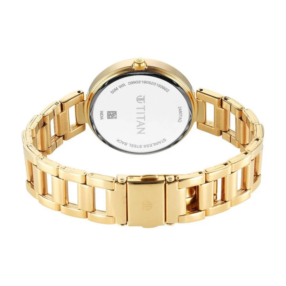 Titan Workwear Quartz Analog White Dial Golden Stainless Steel Strap Watch for Women 2480YM03 - KRISHNA WATCH COMPANY