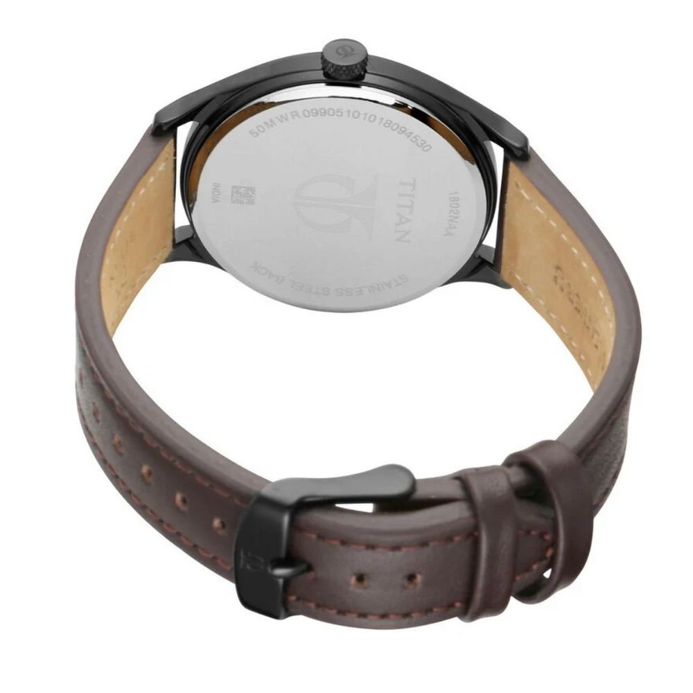 Titan Men's Minimalist Zen Watch Black: Sleek Leather Strap with Contrast Hands 1802NL01 - KRISHNA WATCH COMPANY