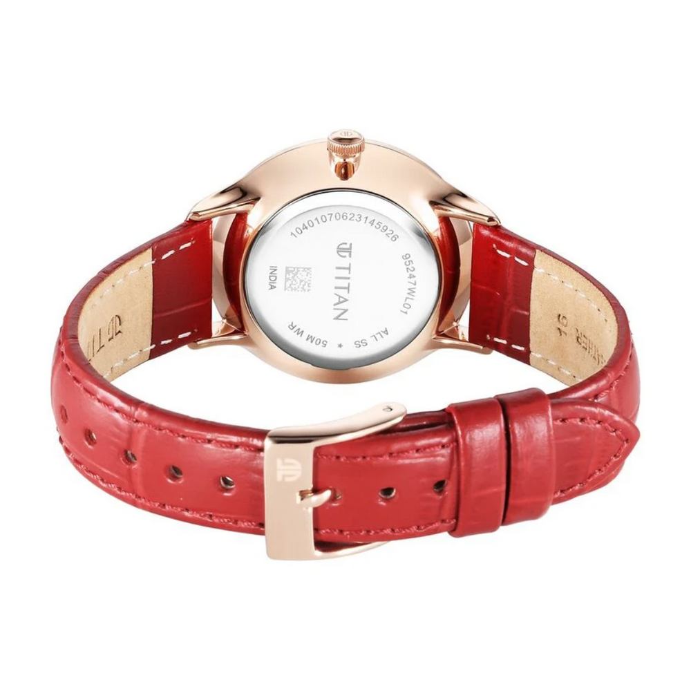 Titan Bright Leathers Silver Dial Analog with Date Red Leather Strap Watch for Women 95247WL01 - KRISHNA WATCH COMPANY