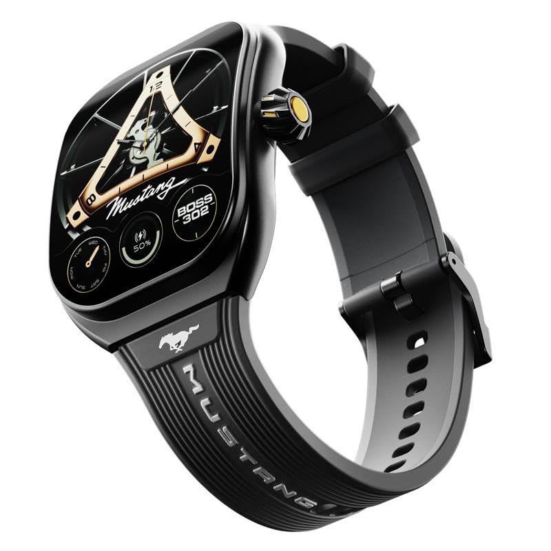 GOBOULT Mustang Muscle Smart Watch 2.01'' 3D Curved Display, Convertible Strap, Premium Metallic Crown, BT Calling, 600 Nits Brightness, AI Assistant, IP68 (Extra Starp, Black Fury)