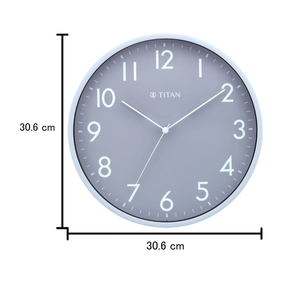 TITAN Contemporary Grey Sleek Wall Clock with Silent Sweep Technology - 29.5 cm x 29.5 cm (Medium) NBW0043PA01A - KRISHNA WATCH COMPANY