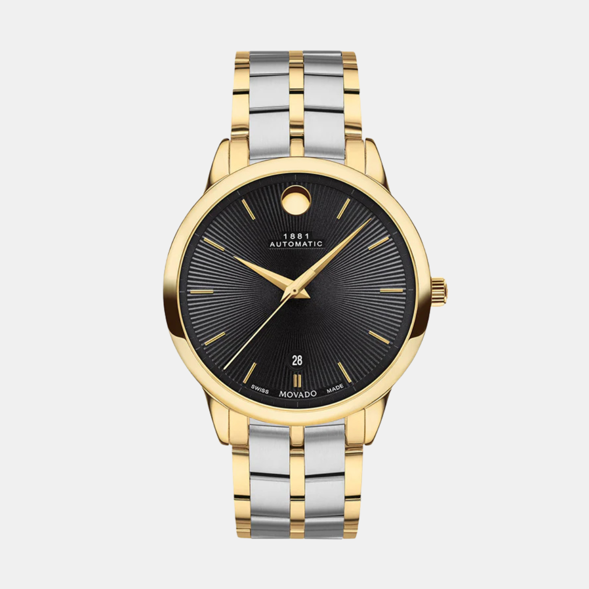 Movado 1881 Automatic Mens Stainless Steel Yellow Gold PVD Case Swiss Movement Black Dial Silver/Yellow Gold PVD Link Steel Bracelet Watch -607463 - KRISHNA WATCH COMPANY