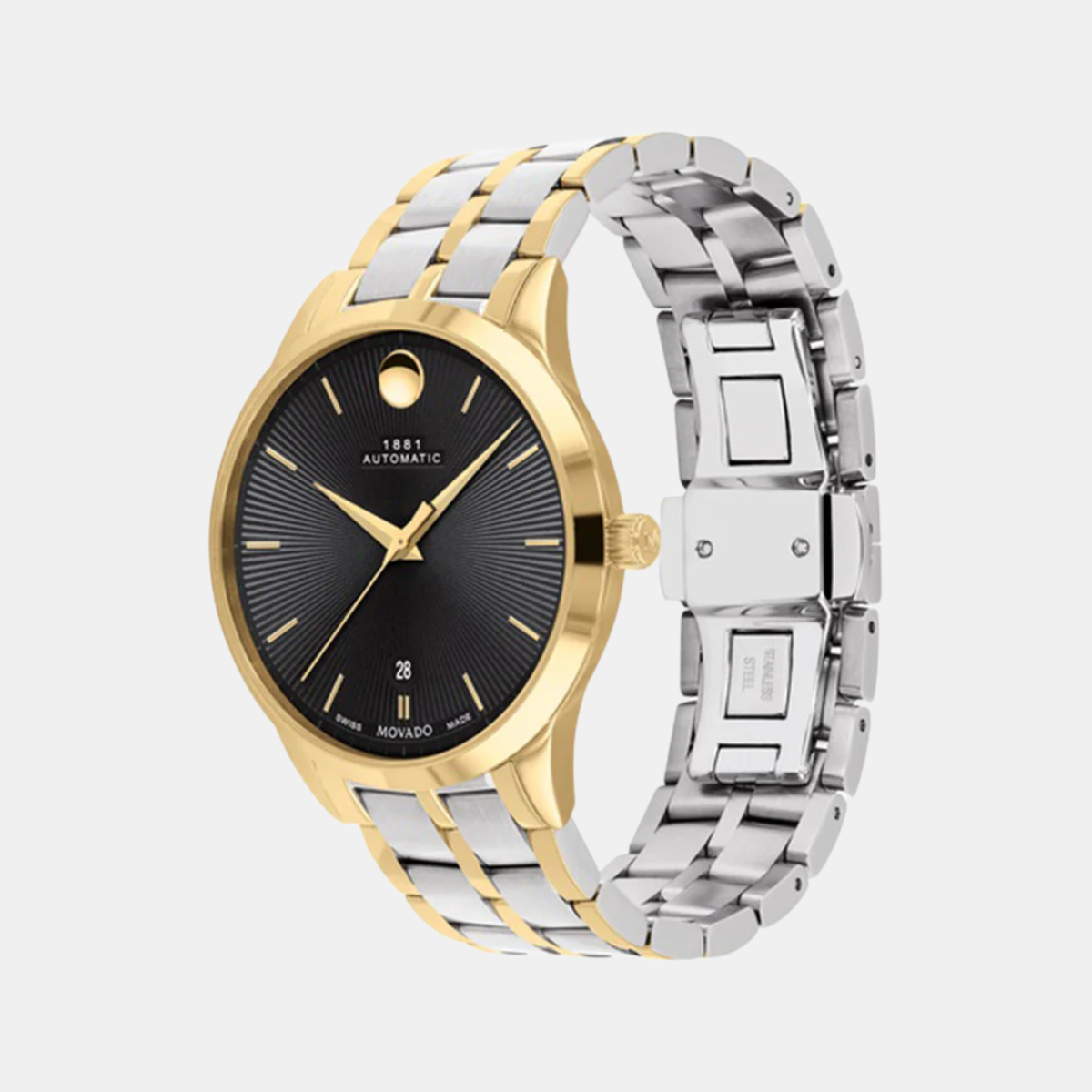 Movado 1881 Automatic Mens Stainless Steel Yellow Gold PVD Case Swiss Movement Black Dial Silver/Yellow Gold PVD Link Steel Bracelet Watch -607463 - KRISHNA WATCH COMPANY