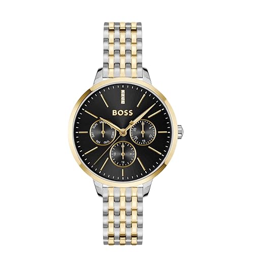 Boss Symphony Le Qtz Multifunction Black Round Dial Women's Watch|Two Tone Stainless Steel Material|Silver Color Band - 1502783 - KRISHNA WATCH COMPANY