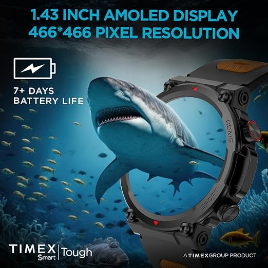 TIMEX Tough 1.43” Round AMOLED Rugged Smartwatch with 466x466 Pixel Resolution| Functional Crown|Bluetooth Calling| Metallic Body|Always On Display|AI Voice Assist|100+ Sports Modes TWTXW601T - KRISHNA WATCH COMPANY