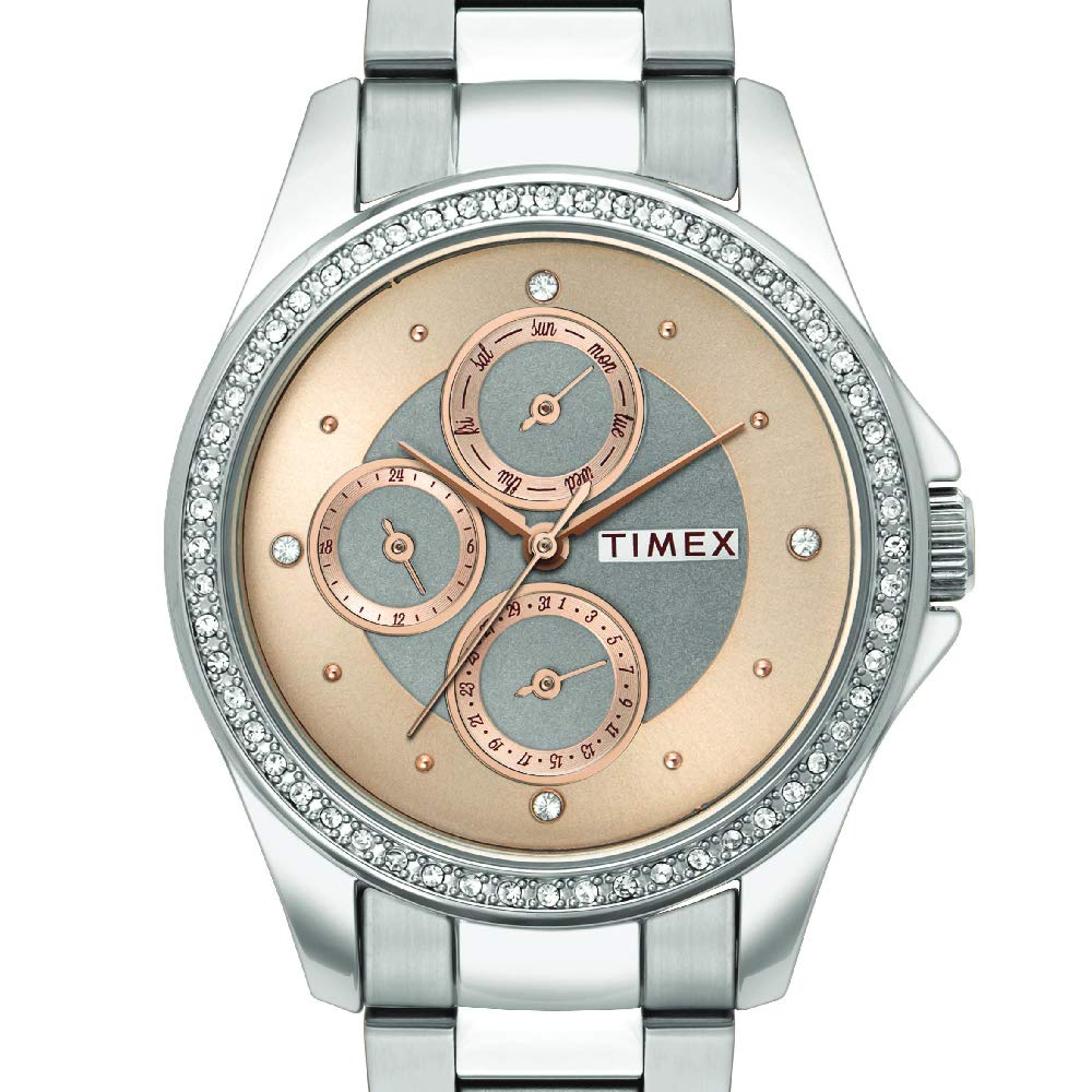 TIMEX E CLASS WOMEN'S ROSE GOLD DIAL ROUND CASE MULTIFUNCTION FUNCTION WATCH -TWEL13000 - KRISHNA WATCH COMPANY