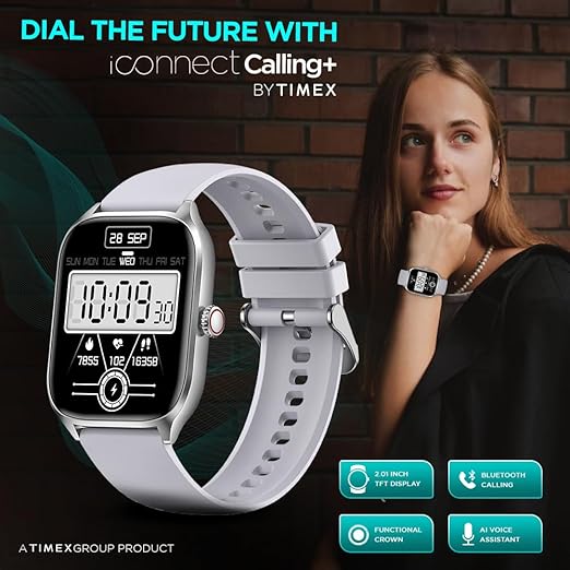 TIMEX iConnect Calling+ 2.01” TFT Display with 240x296 Pixel Resolution|Functional Crown|Bluetooth Calling|AI Voice Assist|100+ Sports Modes|100+ Watchfaces|Upto7 Days Battery(Normal Usage)-TWIXW502T - KRISHNA WATCH COMPANY