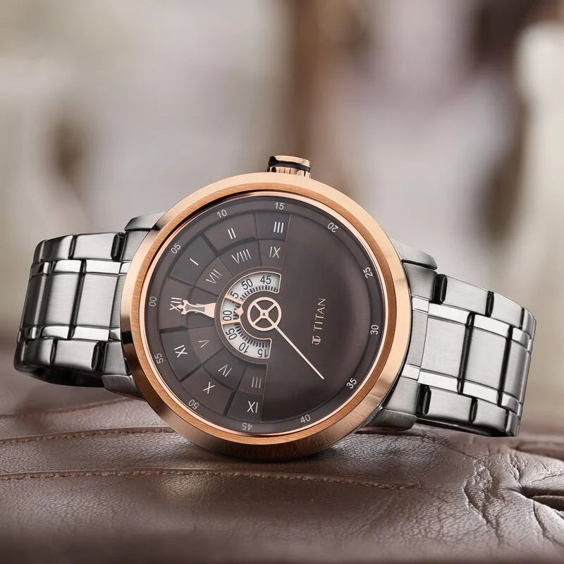 Titan Grandmaster Brown Dial Analog Stainless Steel Strap Watch for Men / 1828KM02 - KRISHNA WATCH COMPANY