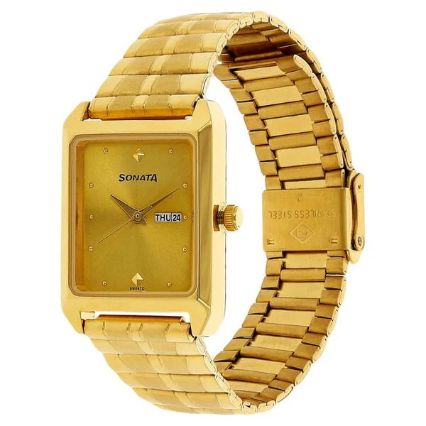 Sonata Quartz Analog Champagne Dial Stainless Steel Strap Watch for Men ns7007ym05 - KRISHNA WATCH COMPANY